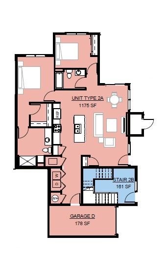 Floor plan for 2 beds, 2 baths, 1175 sqft